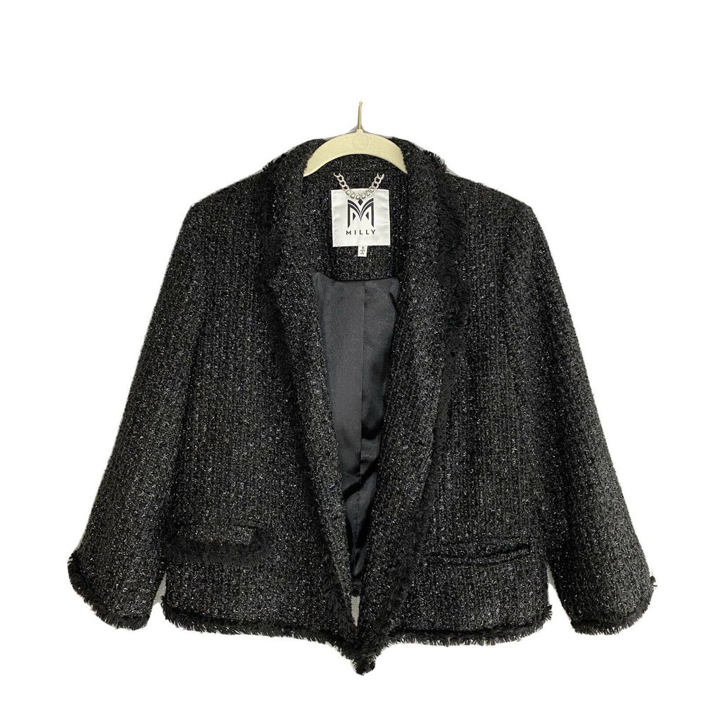 Milly Black Tweed Sparkle Fringe Trim Blazer
